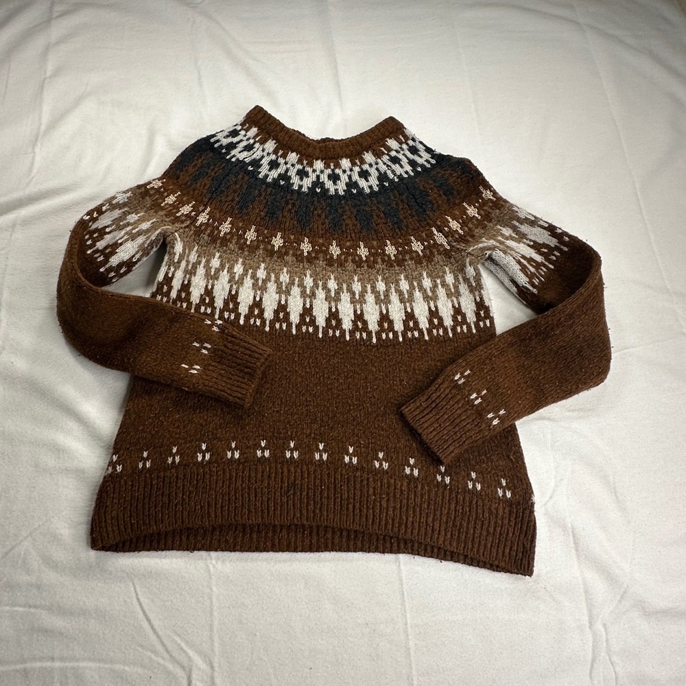 Sonoma Goods For Life Brown Fair Isle Knit Sweater Petite XS Metallic Accents